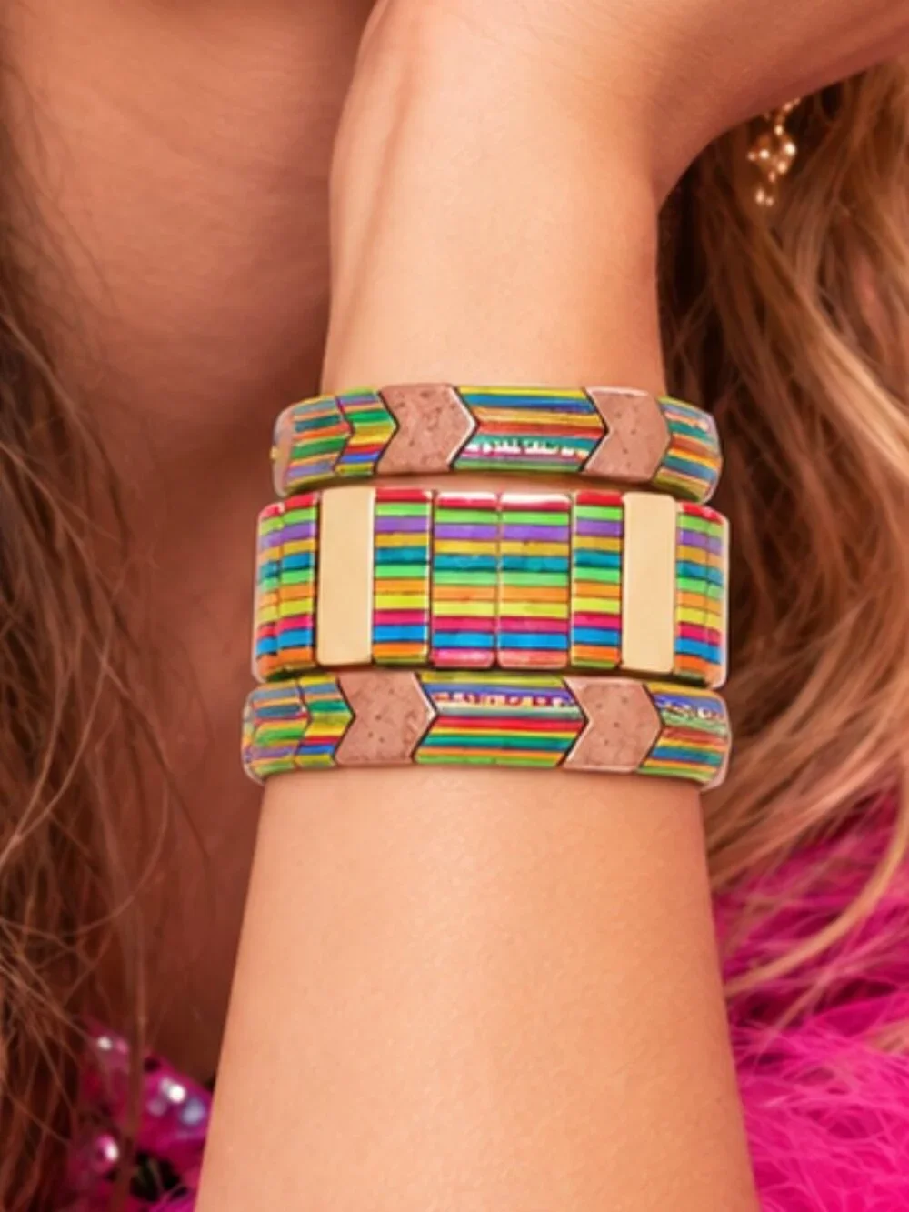 3PC Tile Block Rainbow Colorful SET Stretch Stackable Bracelets Bundle Boutique